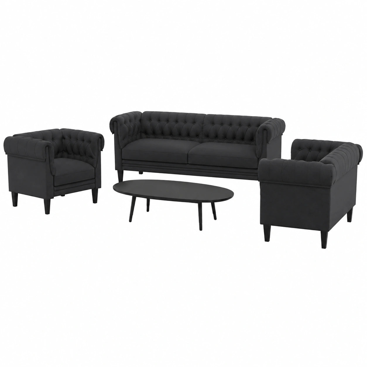 Conjunto de Sofás de Tela Negra, 3 Piezas Modernas para Salón con Sillón Acolchado y Sofás Resistentes