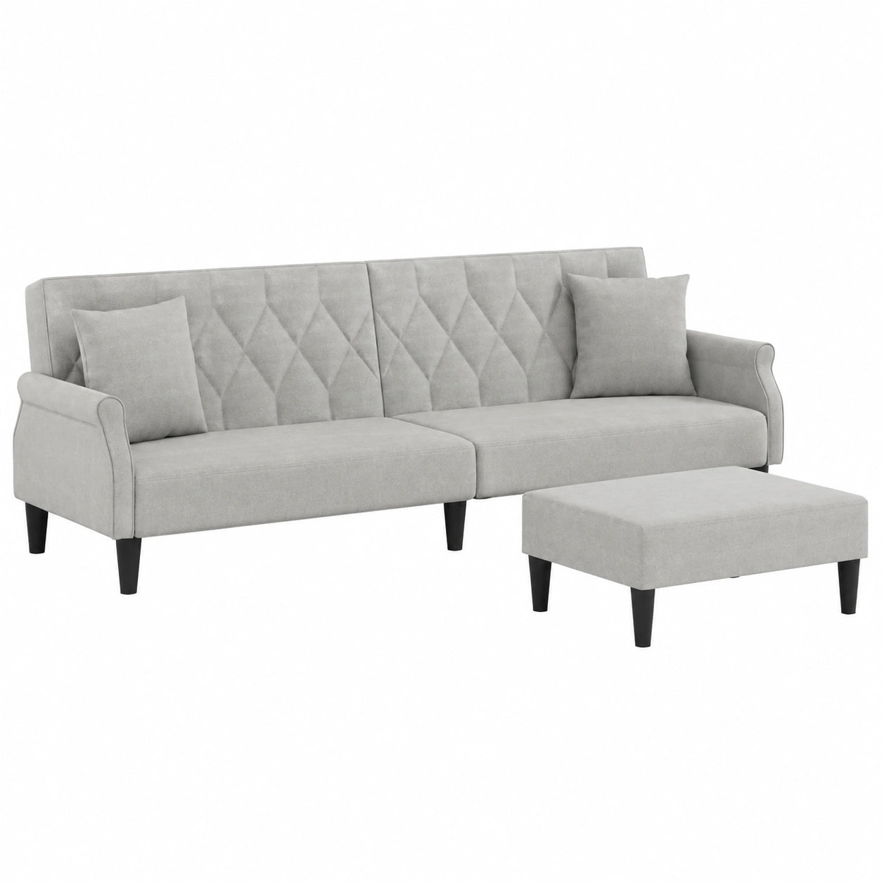 Sofá cama de 2 plazas gris claro con cojines y respaldo ajustable