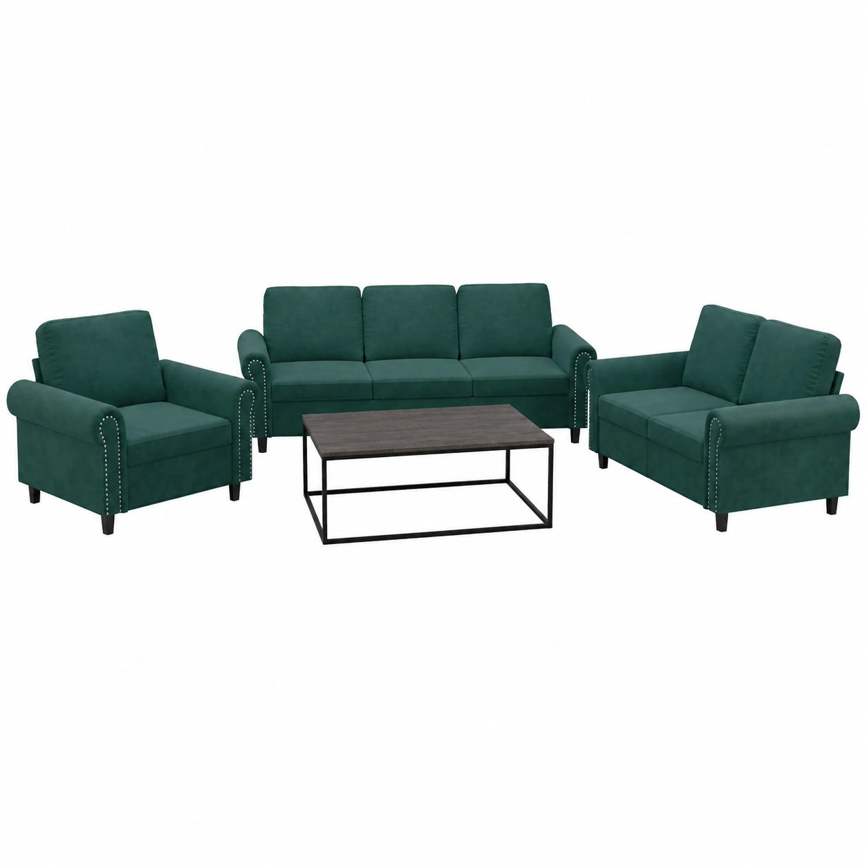 Conjunto de Sofás de Terciopelo Verde con Estructura Metálica, Cojines Cómodos