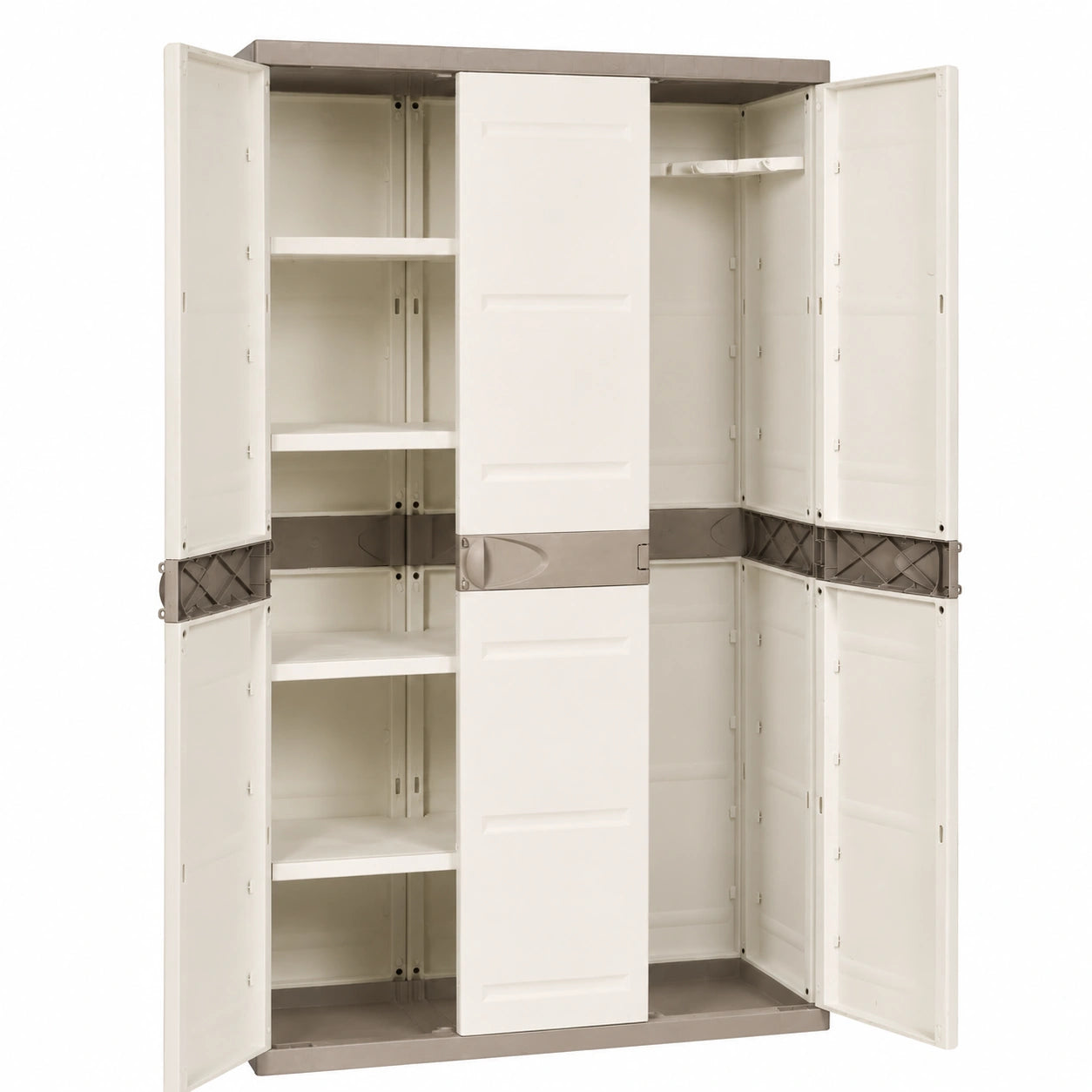 Armario de Resina con 4 Estantes y Escobero, 3 Puertas, Beige Titanio, 105x44x176 cm