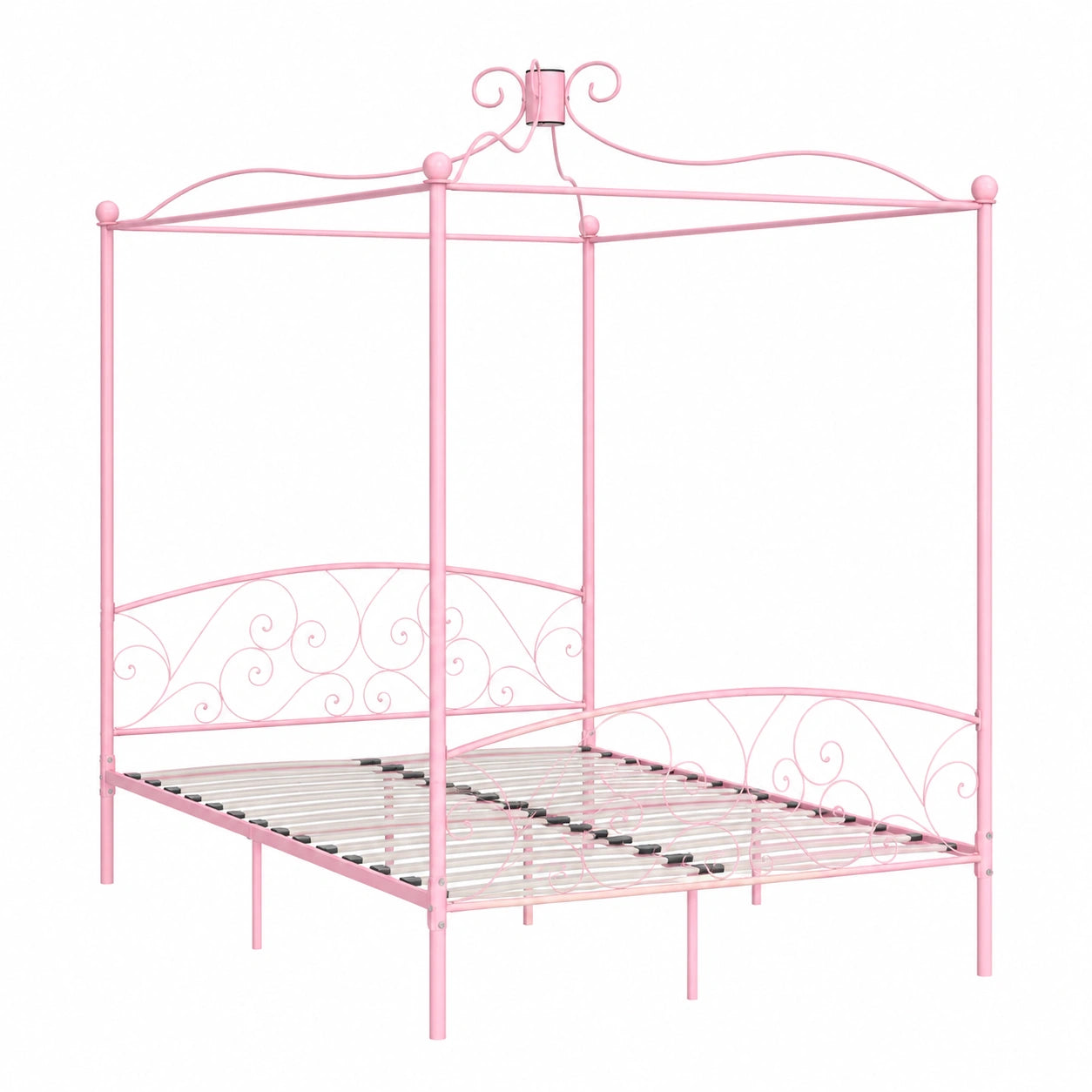 Cama con Dosel de Metal Rosa 120x200 cm con Cabecero Tapizado Curvado