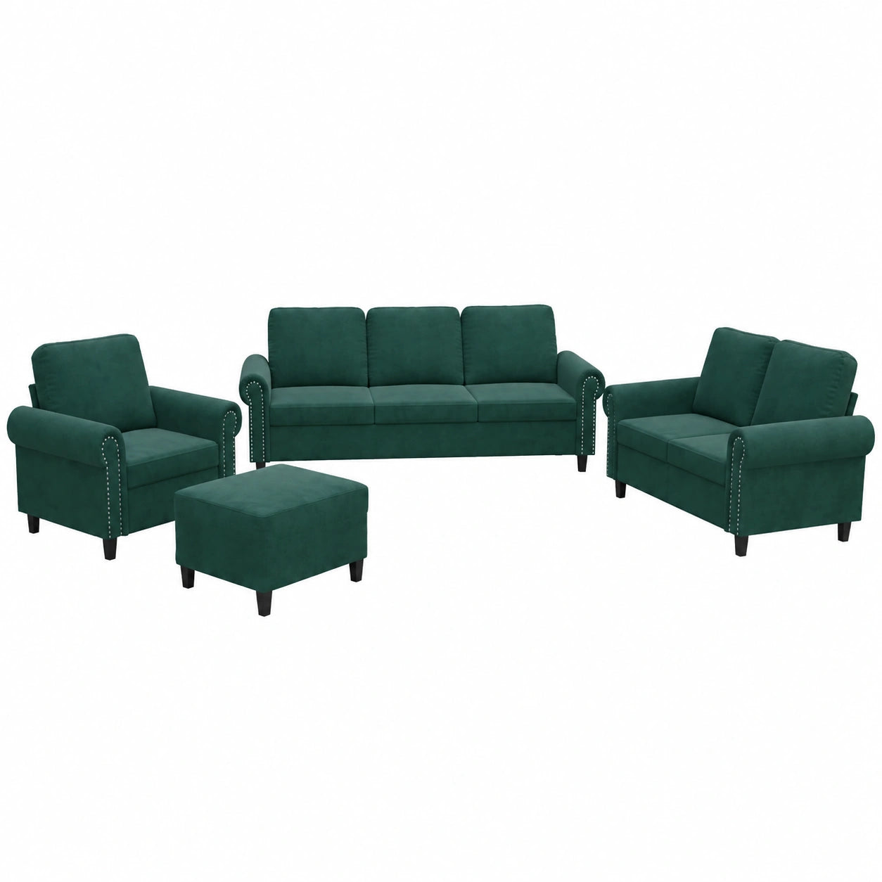 Set de Sofás de Terciopelo Verde Oscuro con Cojines, Conjunto Robusto para Salón, Muebles Cómodos para Descanso e Invitados, Incluye Sillón y Reposapiés